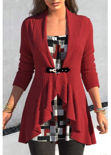 ROTITA Fake 2in1 Geometric Print Wine Red T Shirt