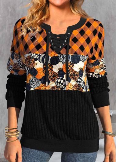 ROTITA Patchwork Halloween Pumpkin Print Orange Lace Up Collar Sweatshirt
