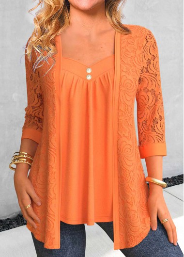 ROTITA Lace Orange Heart Collar T Shirt