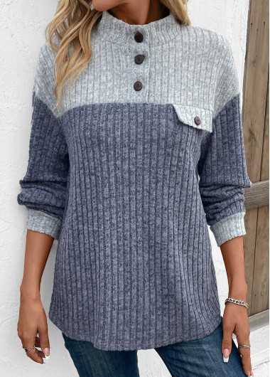 ROTITA Patchwork Dusty Blue Stand Collar Long Sleeve Sweatshirt