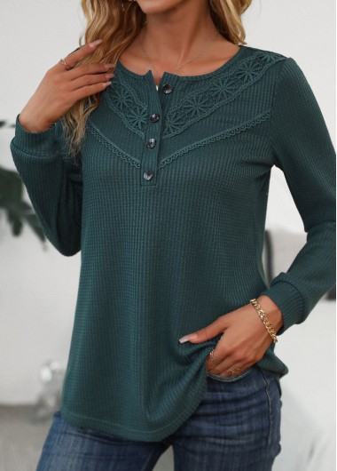 ROTITA Patchwork Blackish Green Scoop Neck Long Sleeve T Shirt
