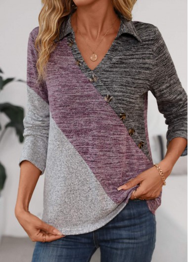 ROTITA Asymmetry Grey Shirt Collar Long Sleeve Blouse
