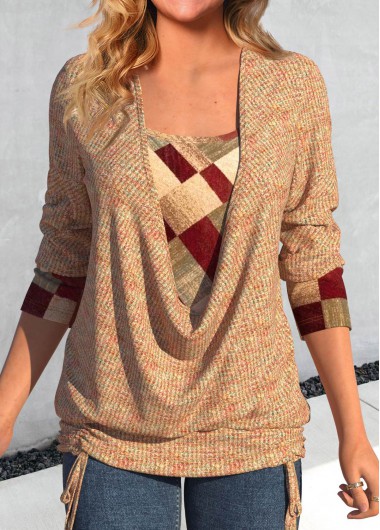 ROTITA Patchwork Geometric Print Multi Color Draped Neck Sweatshirt
