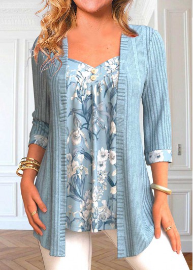 ROTITA Patchwork Floral Print Dusty Blue T Shirt