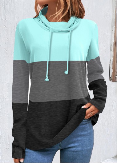 ROTITA Patchwork Light Blue Cowl Neck Long Sleeve Sweatshirt