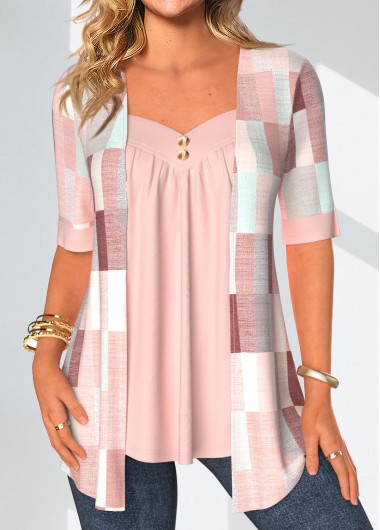 ROTITA Fake 2in1 Geometric Print Light Pink Blouse