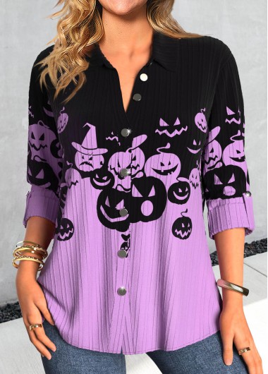 ROTITA Button Halloween Print Purple Shirt Collar Blouse