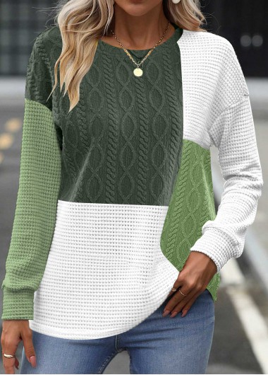 ROTITA Patchwork Blackish Green Round Neck Long Sleeve Sweatshirt