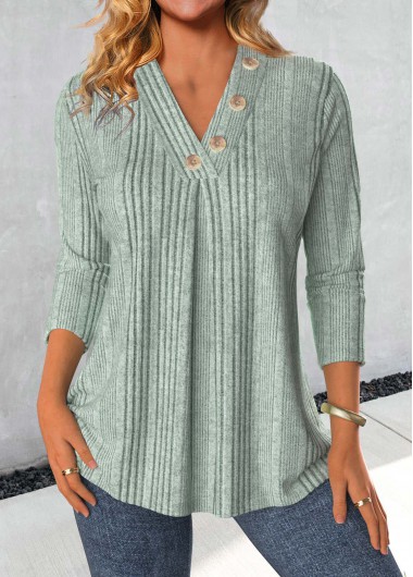ROTITA Button Sage Green V Neck Long Sleeve T Shirt