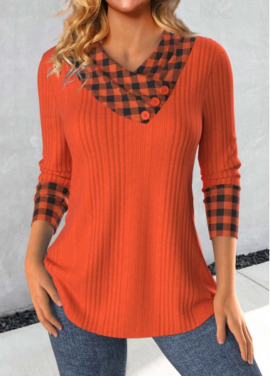 ROTITA Patchwork Plaid Brick Red Asymmetrical Neck Sweatshirt