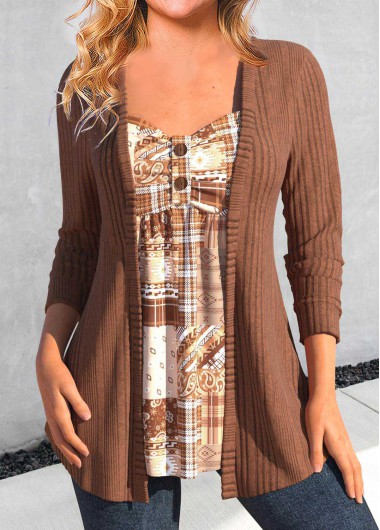 ROTITA Button Geometric Print Dark Coffee T Shirt