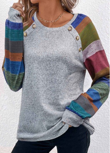 ROTITA Button Striped Light Grey Marl T Shirt