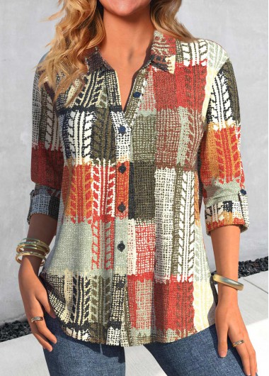 ROTITA Button Geometric Print Multi Color Shirt Collar Blouse