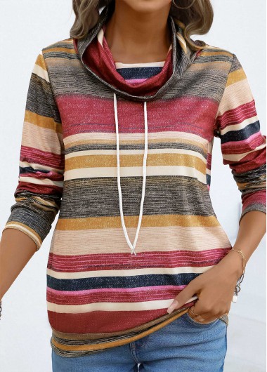 ROTITA Drawstring Multi Stripe Print Coral Cowl Neck T Shirt