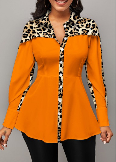 ROTITA Patchwork Leopard Orange Shirt Collar Long Sleeve Blouse