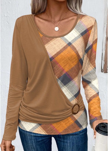 ROTITA Layered Plaid Dark Coffee Round Neck T Shirt