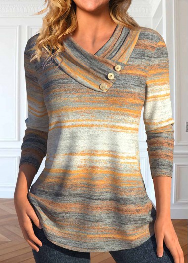 ROTITA Button Striped Multi Color V Neck T Shirt