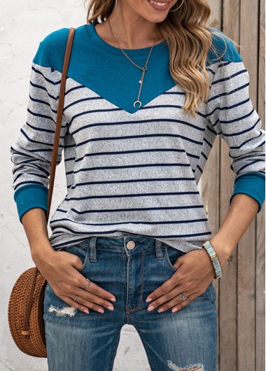 Patchwork Striped Grey Round Neck Long Sleeve T Shirt