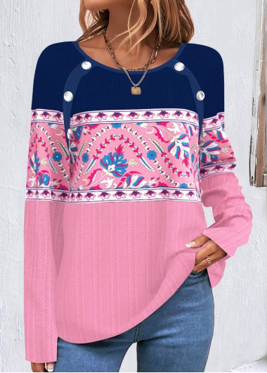 ROTITA Button Tribal Print Multi Color T Shirt