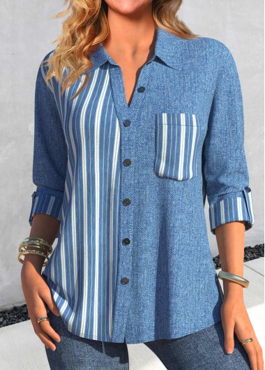 ROTITA Patchwork Denim-effect Print Denim Blue Shirt Collar Blouse