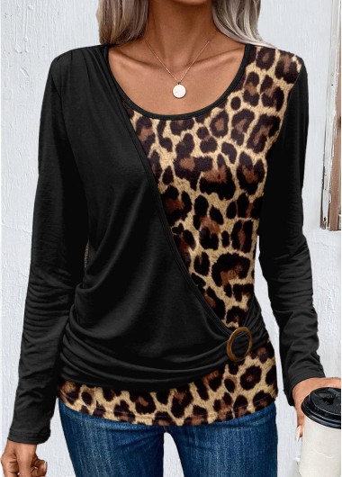 ROTITA Fake 2in1 Leopard Black Round Neck T Shirt