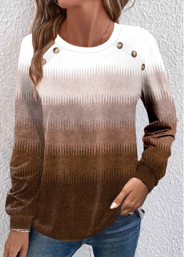 ROTITA Button Ombre Dark Camel Round Neck T Shirt