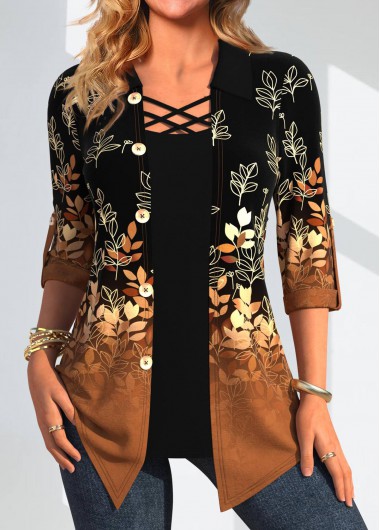 ROTITA Fake 2in1 Leaf Print Dark Camel Blouse