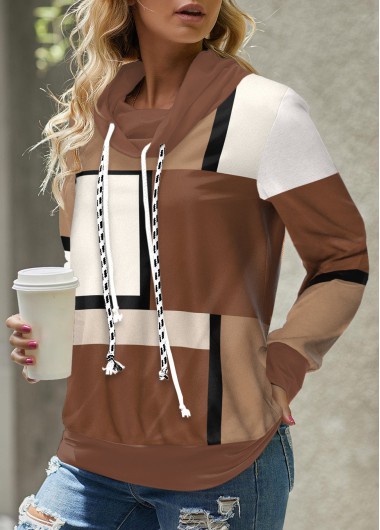 ROTITA Lace Up Geometric Print Dark Coffee Sweatshirt