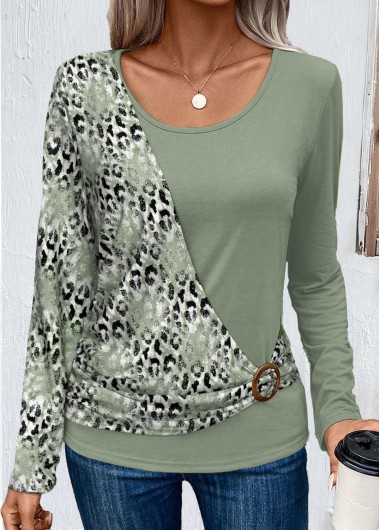 ROTITA Patchwork Leopard Sage Green Round Neck T Shirt