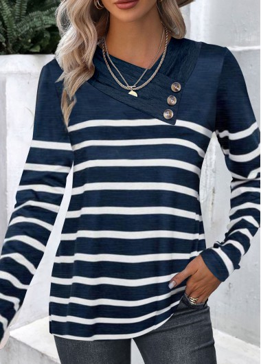 ROTITA Button Striped Navy Asymmetrical Neck T Shirt