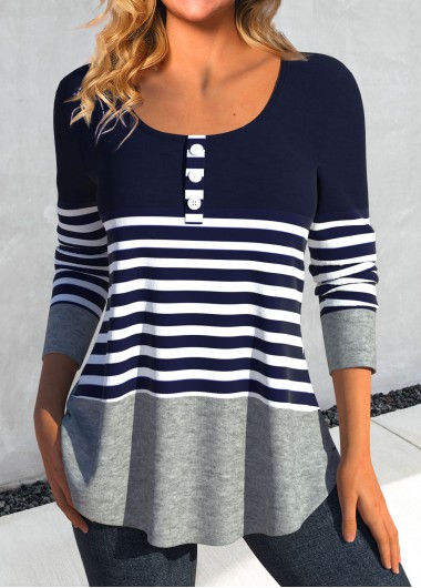 ROTITA Patchwork Striped Navy Round Neck T Shirt