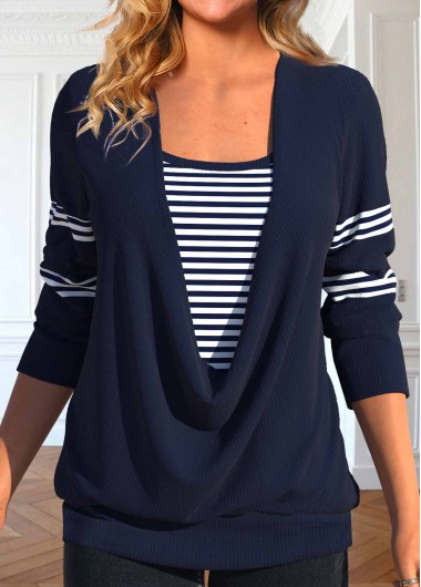 ROTITA Fake 2in1 Striped Navy Square Neck T Shirt