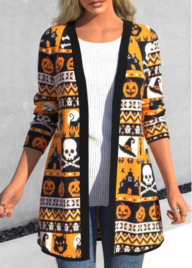 ROTITA Halloween Print Orange Long Sleeve Cardigan