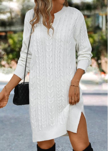 Split White Short Long Sleeve Shift Dress
