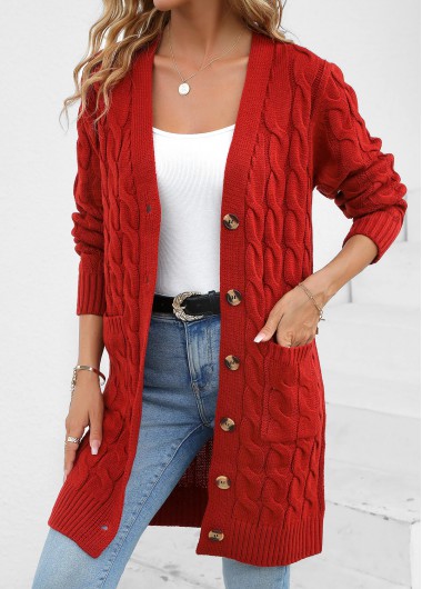 ROTITA Pocket Red V Neck Long Sleeve Cardigan