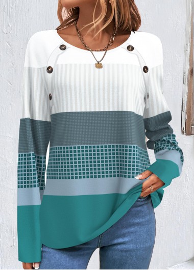 ROTITA Patchwork Geometric Print Turquoise Round Neck Sweatshirt