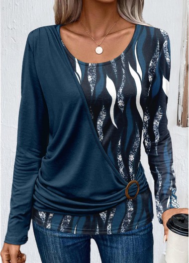 ROTITA Patchwork Geometric Print Peacock Blue Scoop Neck Sweatshirt