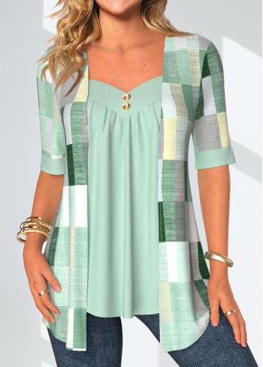 ROTITA Fake 2in1 Geometric Print Mint Green Blouse