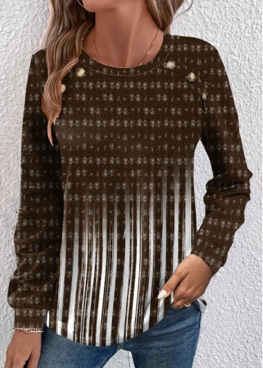 ROTITA Button Ombre Dark Camel Round Neck T Shirt