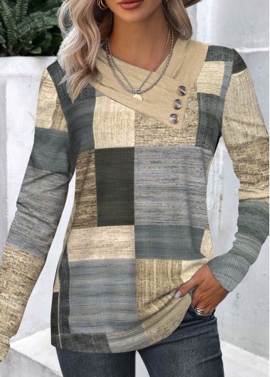 ROTITA Button Geometric Print Multi Color T Shirt