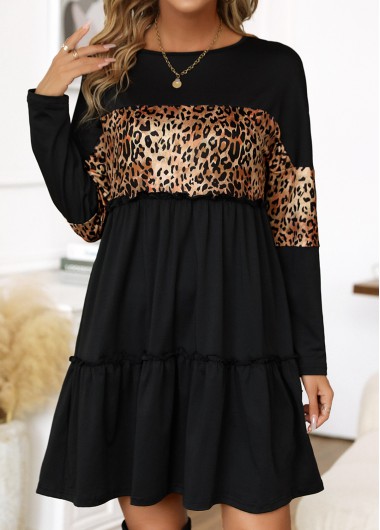 Patchwork Leopard Black Short Round Neck Shift Dress