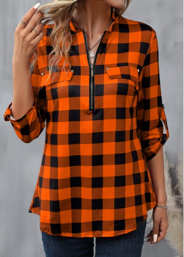 ROTITA Zipper Plaid Orange High Neck Long Sleeve Blouse