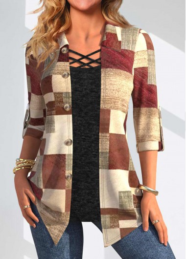 ROTITA Fake 2in1 Geometric Print Multi Color Blouse