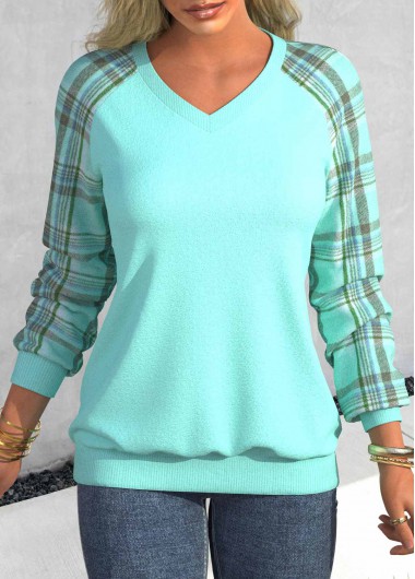 ROTITA Patchwork Plaid Cyan V Neck Long Sleeve Sweatshirt