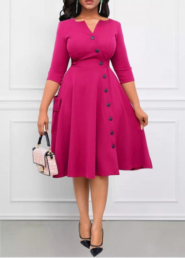 ROTITA Breathable Hot Pink Split Neck Dress