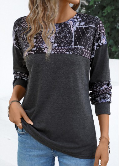 Patchwork Tribal Print Dark Grey Round Neck T Shirt