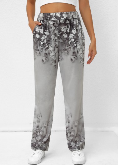 Pocket Random Floral Print Grey Elastic Waist Pants