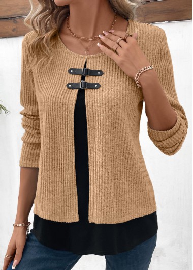 ROTITA Light Camel Fake 2in1 Round Neck Blouse