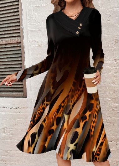 ROTITA Button Leopard Black A Line V Neck Dress