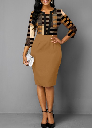 ROTITA Patchwork Geometric Print Light Coffee Bodycon Dress